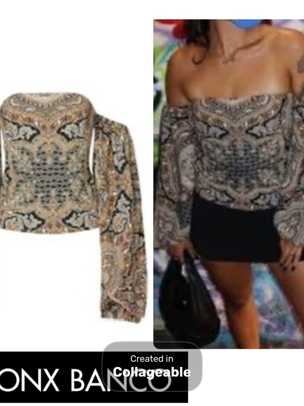 ‼️WOW‼️BRONX AND BANCO Beige Paisley Off-Shoulder Long Sleeve Top‼️🩶🤎🤍EUC‼️😃
